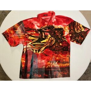 VTG Y2K Warrior Flames Cityscape AOP Cyber Tech Mens XL Button Down Shirt XL
